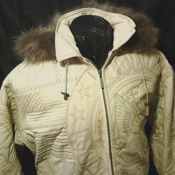 World Tour Embroidered Graphics Removable Hooded Leather Jacket Men's 2XL Cream - Picture 2 of 13